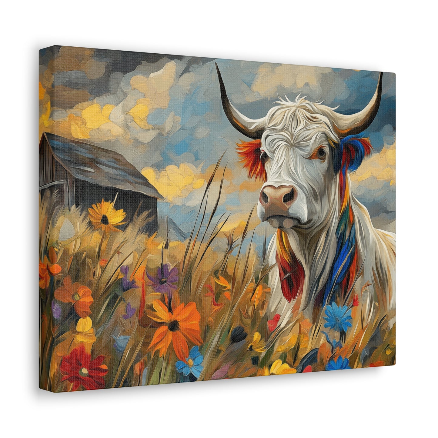 Canvas Wrap - Impressive cow in front of old barn