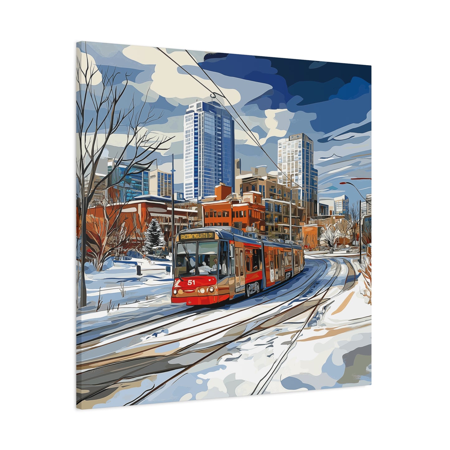 Winter Cityscape Tram Canvas Art - Urban Decor