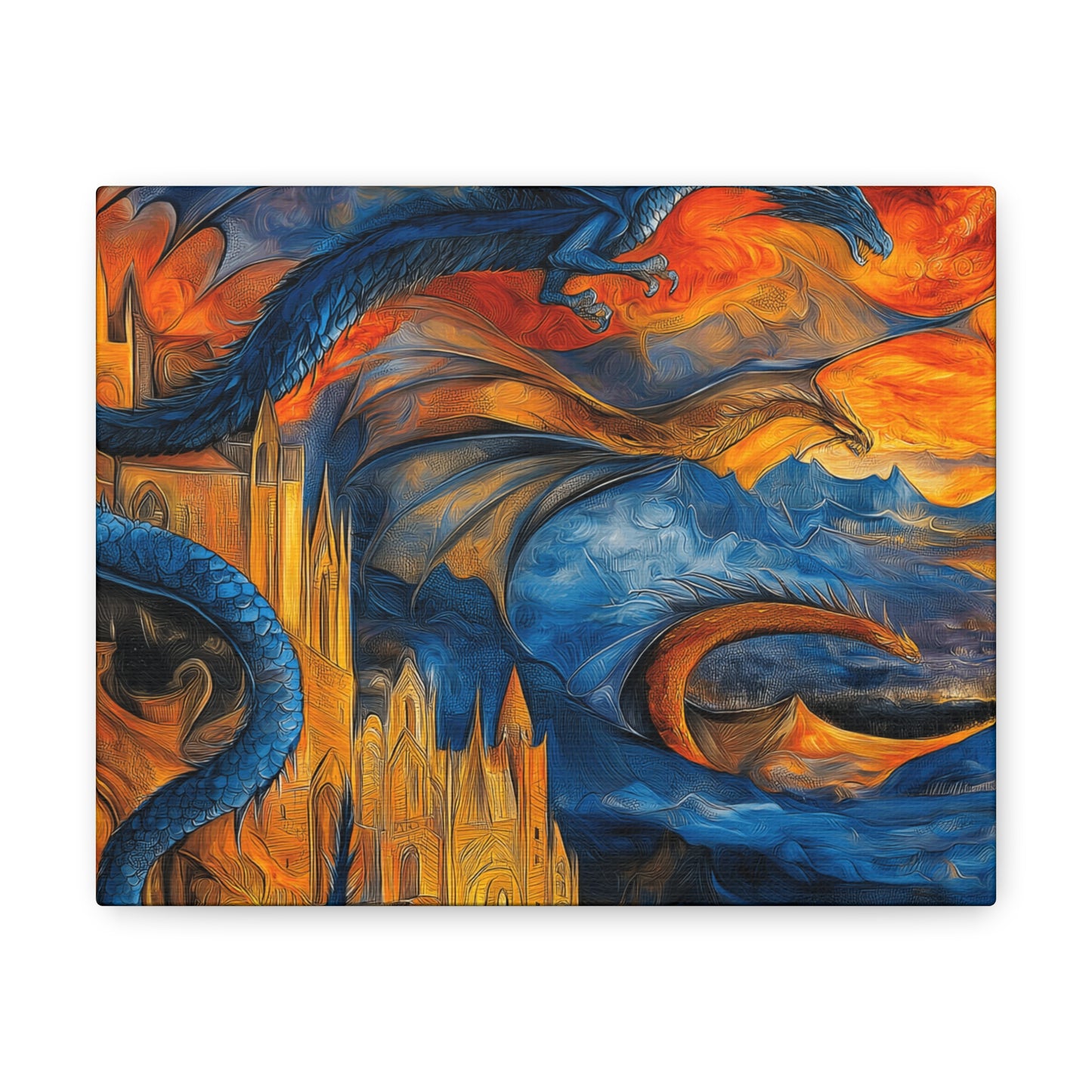 Canvas Gallery Wraps - Blue Dragons Attacking Castle Wall Art