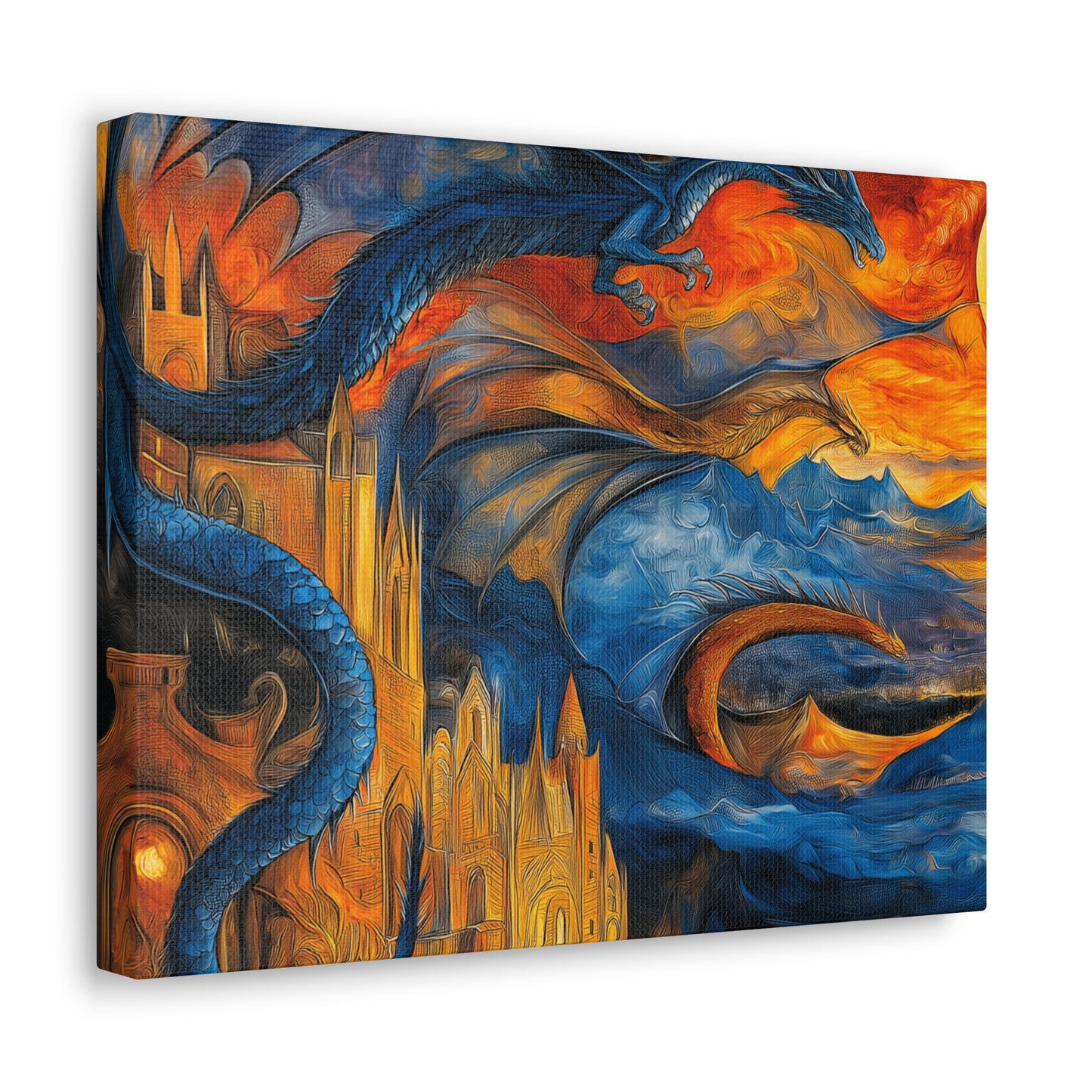 Canvas Gallery Wraps - Blue Dragons Attacking Castle Wall Art