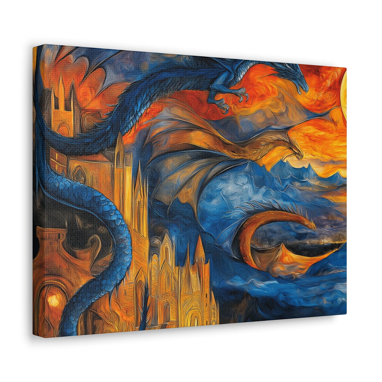 Canvas Gallery Wraps - Blue Dragons Attacking Castle Wall Art