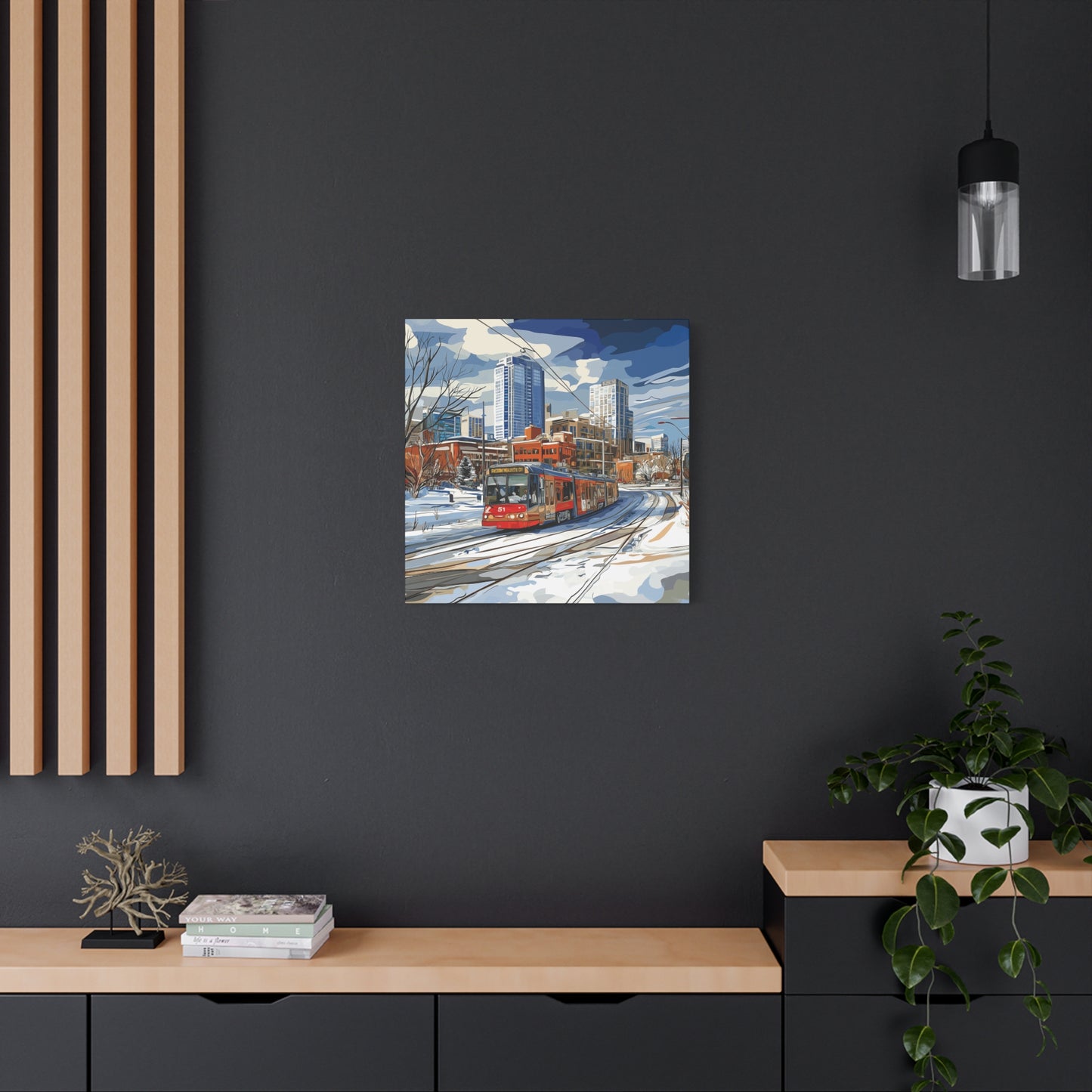 Winter Cityscape Tram Canvas Art - Urban Decor