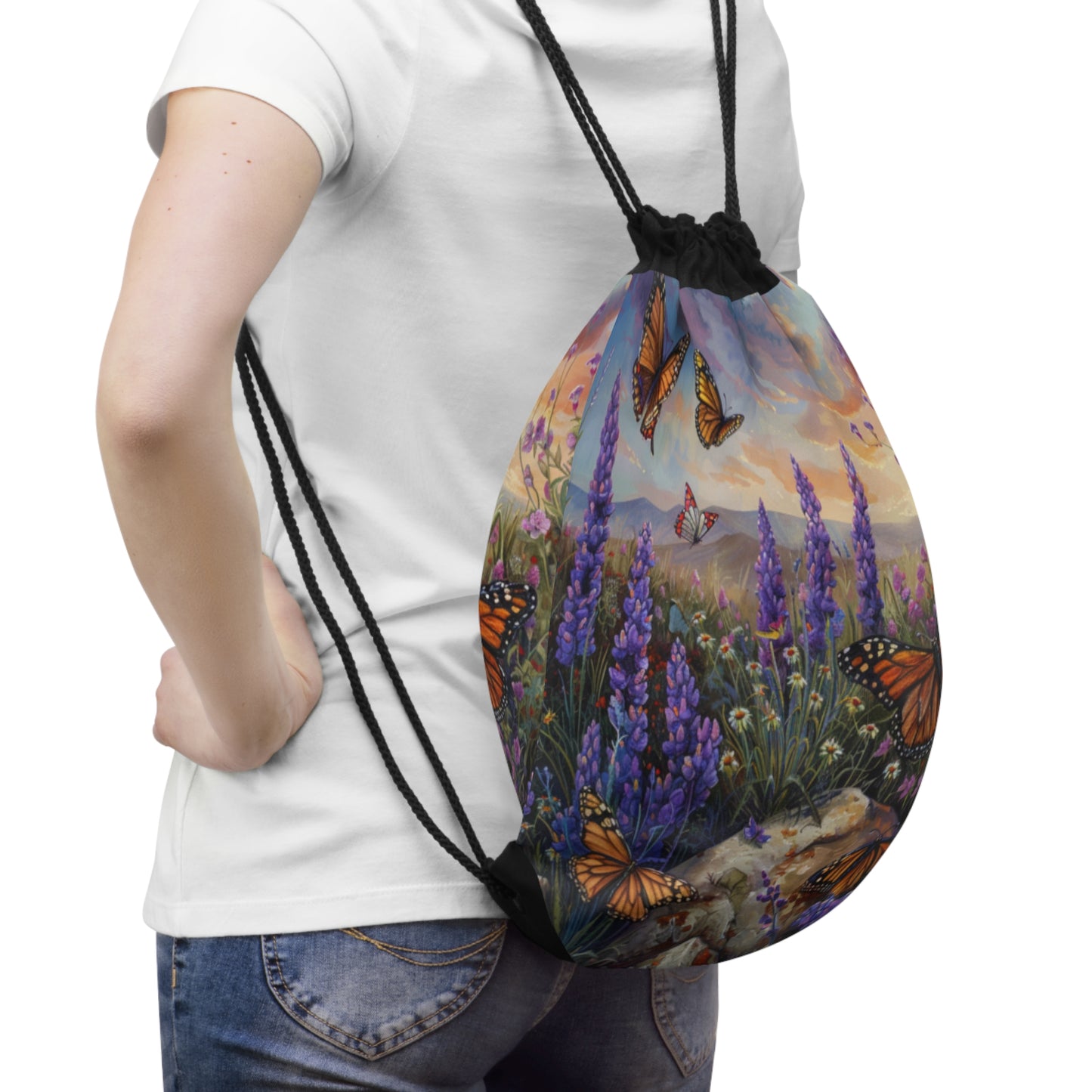 Butterfly Flowers 1 Drawstring Bag