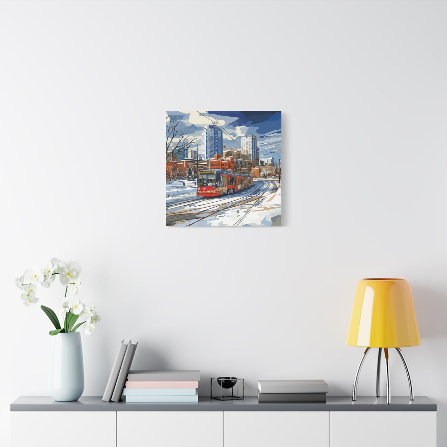 Winter Cityscape Tram Canvas Art - Urban Decor