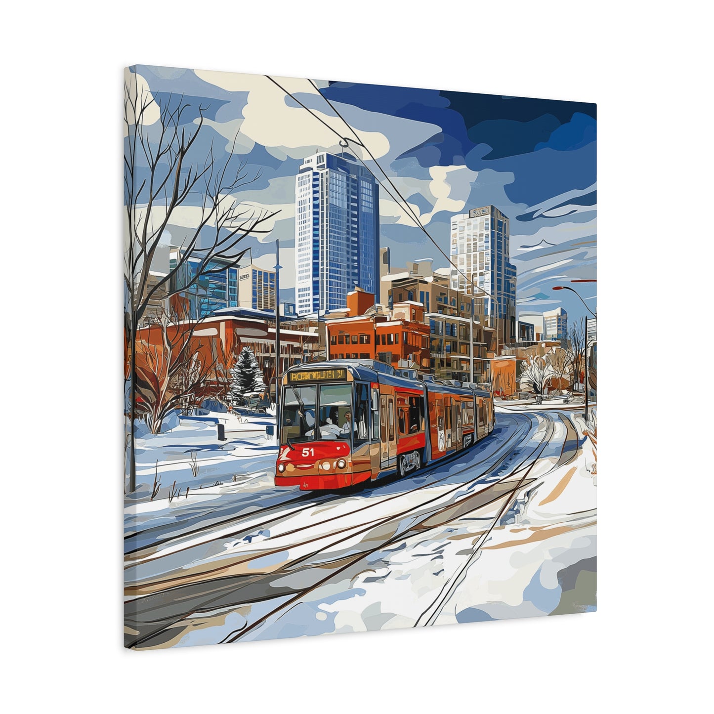 Winter Cityscape Tram Canvas Art - Urban Decor