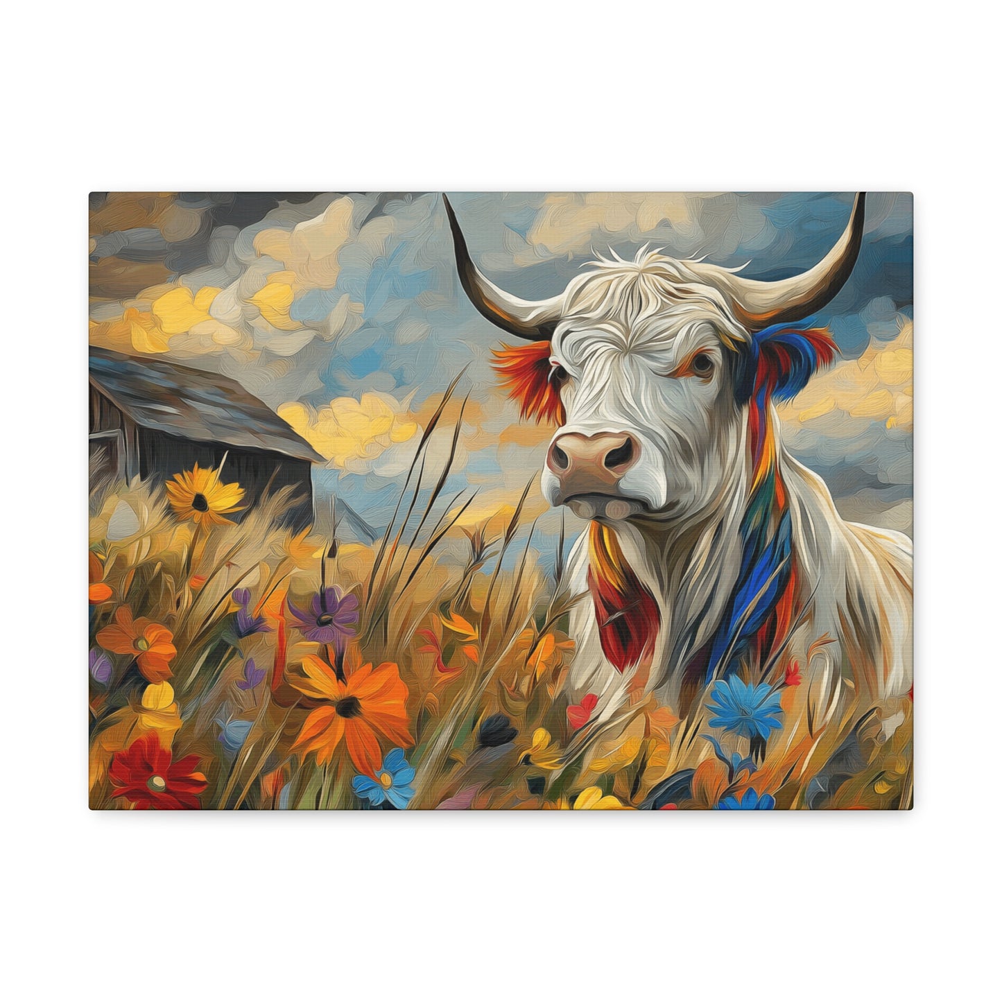 Canvas Wrap - Impressive cow in front of old barn