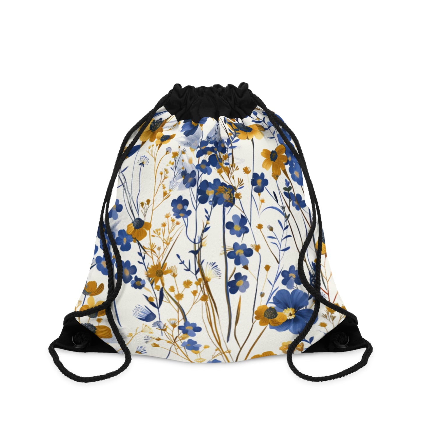 Blue & Gold Flowers Drawstring Bag