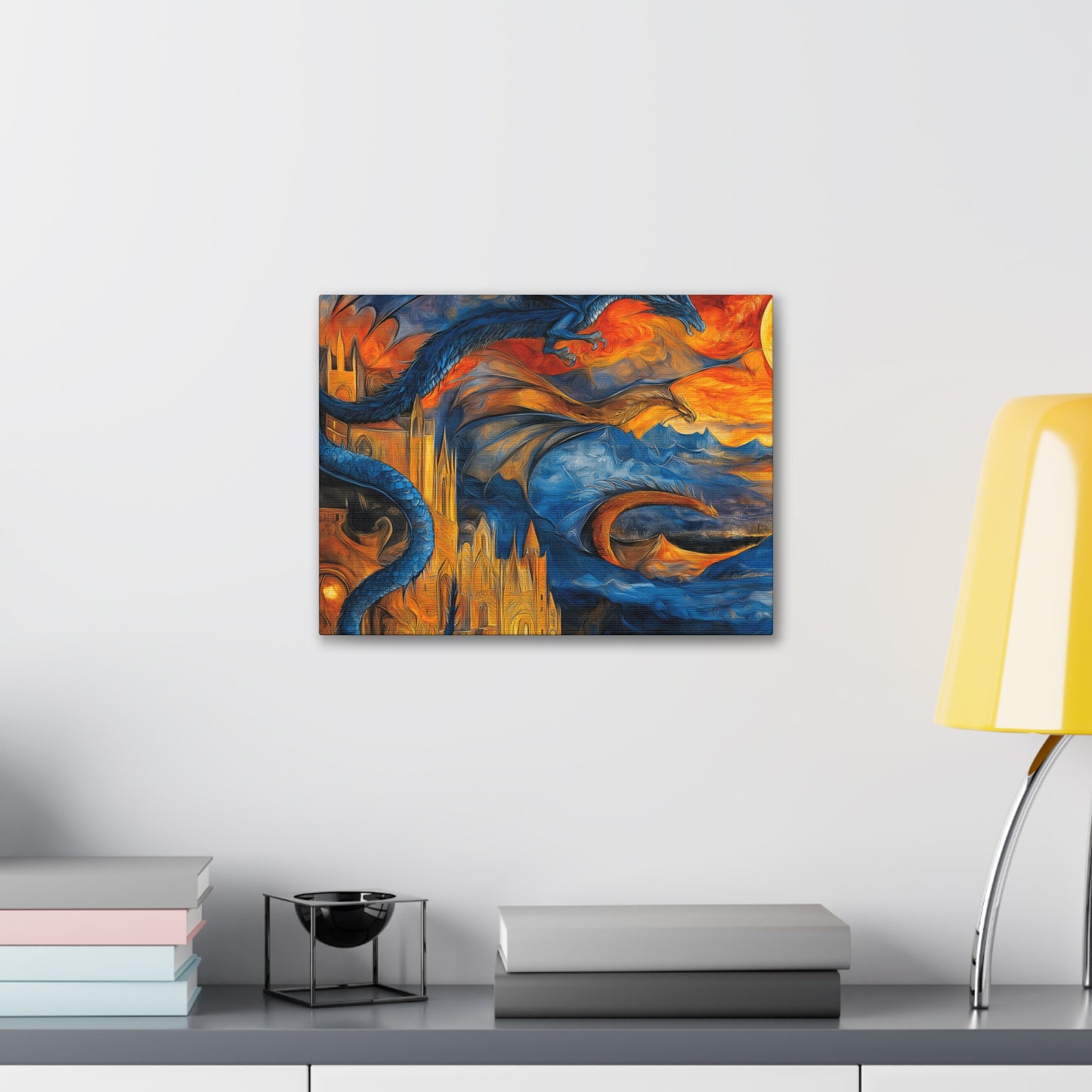 Canvas Gallery Wraps - Blue Dragons Attacking Castle Wall Art