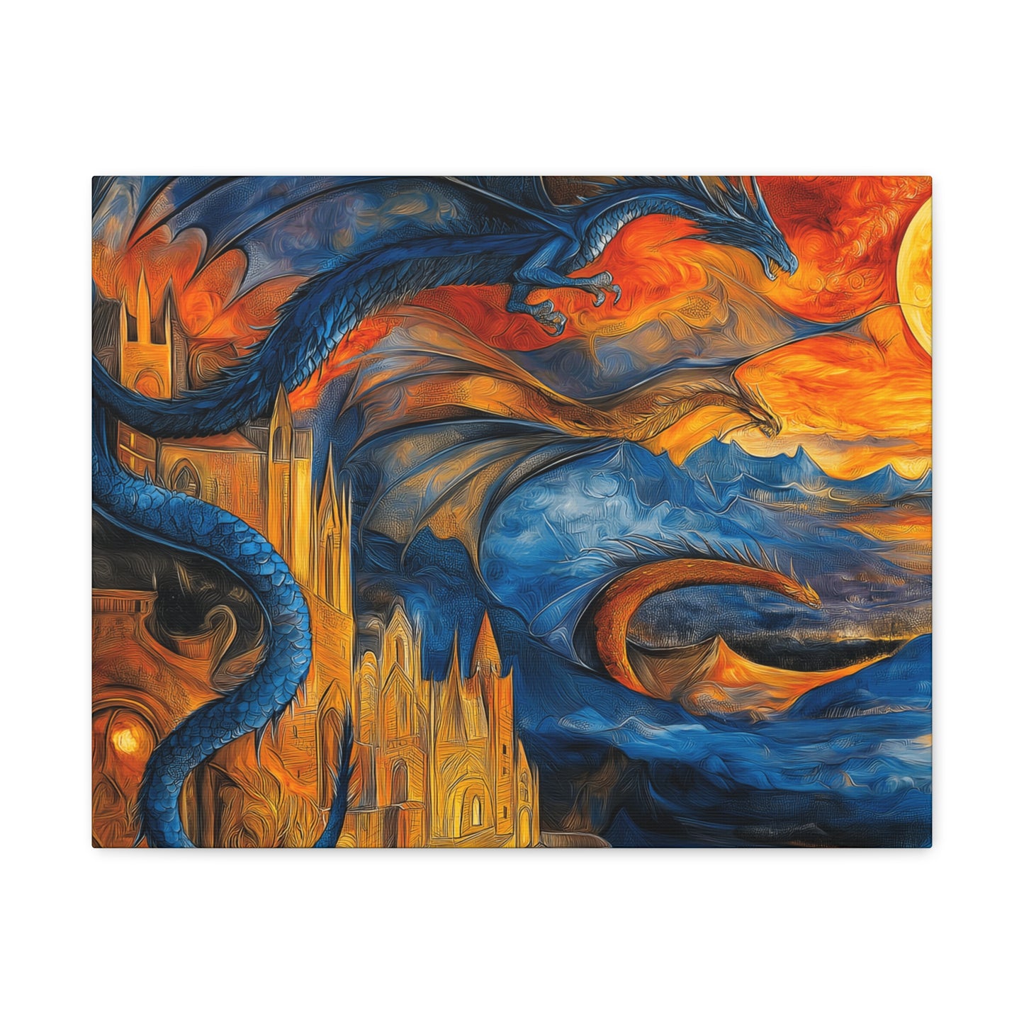 Canvas Gallery Wraps - Blue Dragons Attacking Castle Wall Art