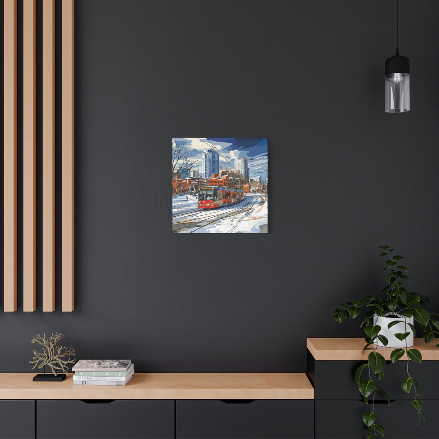 Winter Cityscape Tram Canvas Art - Urban Decor