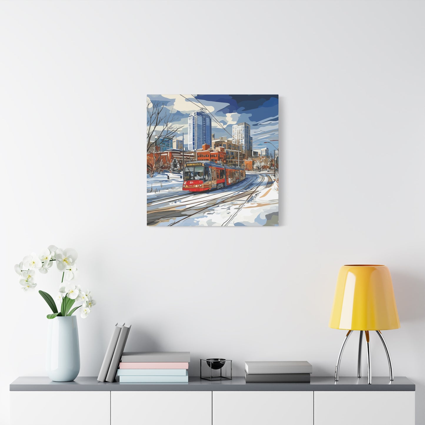 Winter Cityscape Tram Canvas Art - Urban Decor