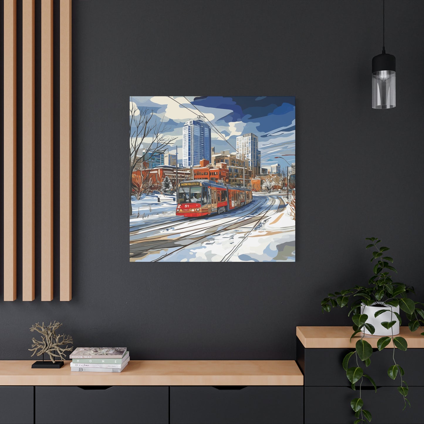 Winter Cityscape Tram Canvas Art - Urban Decor