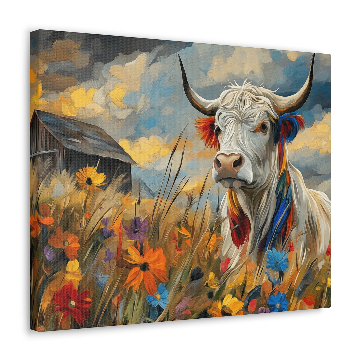 Canvas Wrap - Impressive cow in front of old barn