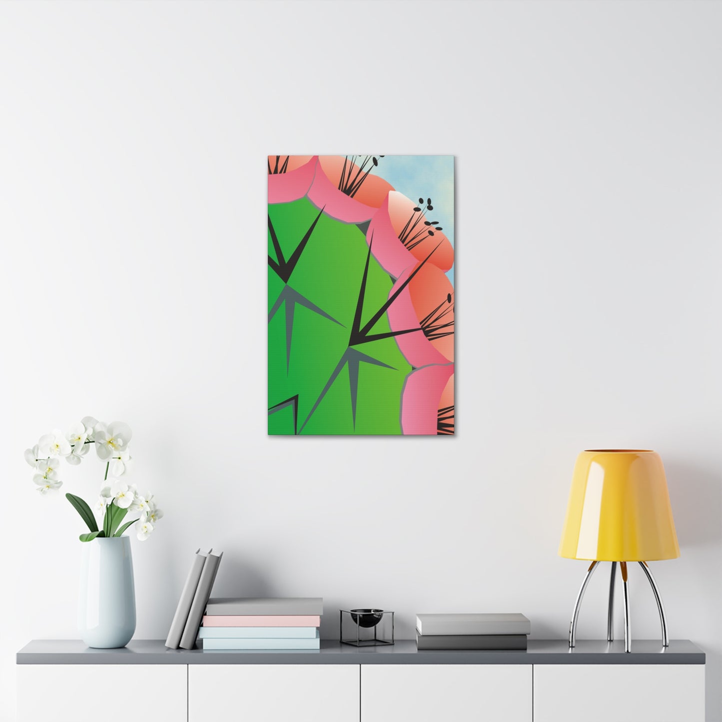 Canvas Art Wrap - Dramatic Cactus and Blooming Flowers