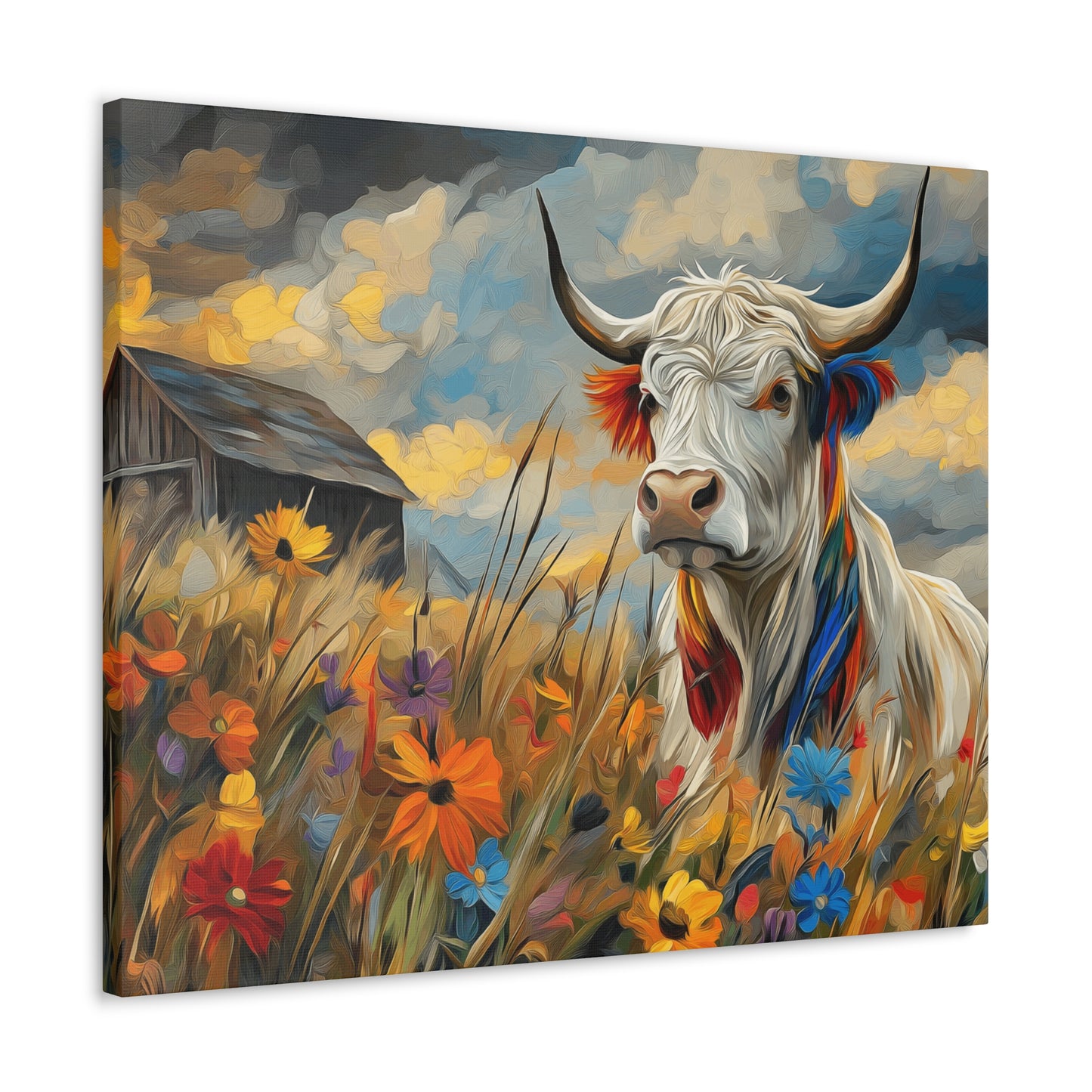 Canvas Wrap - Impressive cow in front of old barn