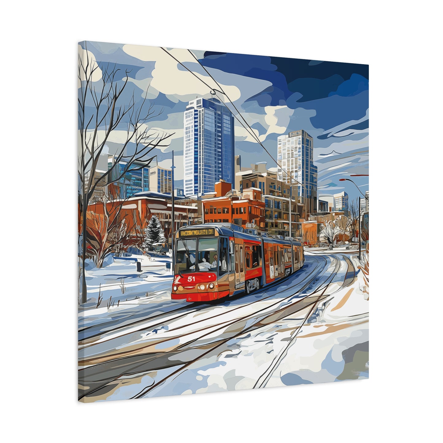 Winter Cityscape Tram Canvas Art - Urban Decor