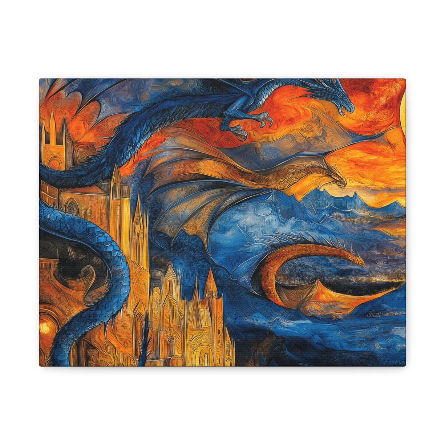 Canvas Gallery Wraps - Blue Dragons Attacking Castle Wall Art