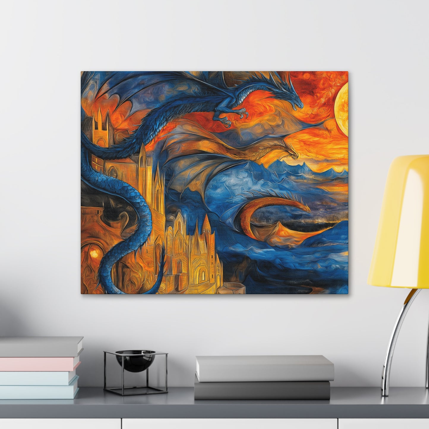 Canvas Gallery Wraps - Blue Dragons Attacking Castle Wall Art