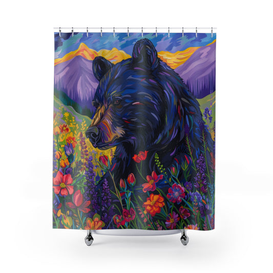 Shower Curtain - Black Bear in Mountains with Wild Flowers