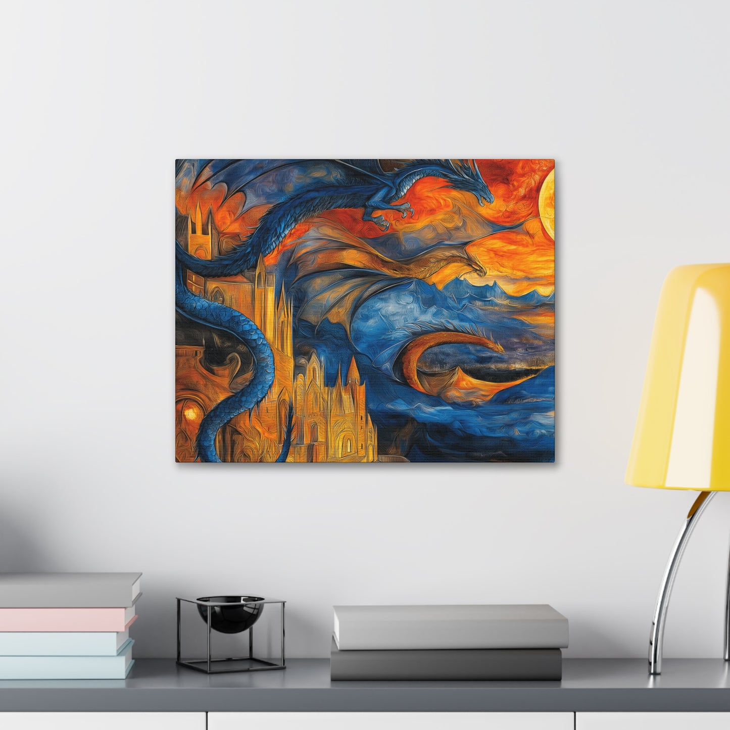 Canvas Gallery Wraps - Blue Dragons Attacking Castle Wall Art