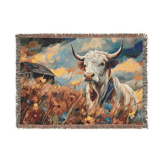 Woven Blanket - Colorful Cow and Rustic Barn Design