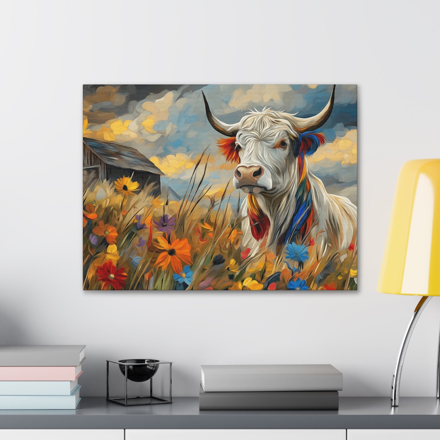 Canvas Wrap - Impressive cow in front of old barn