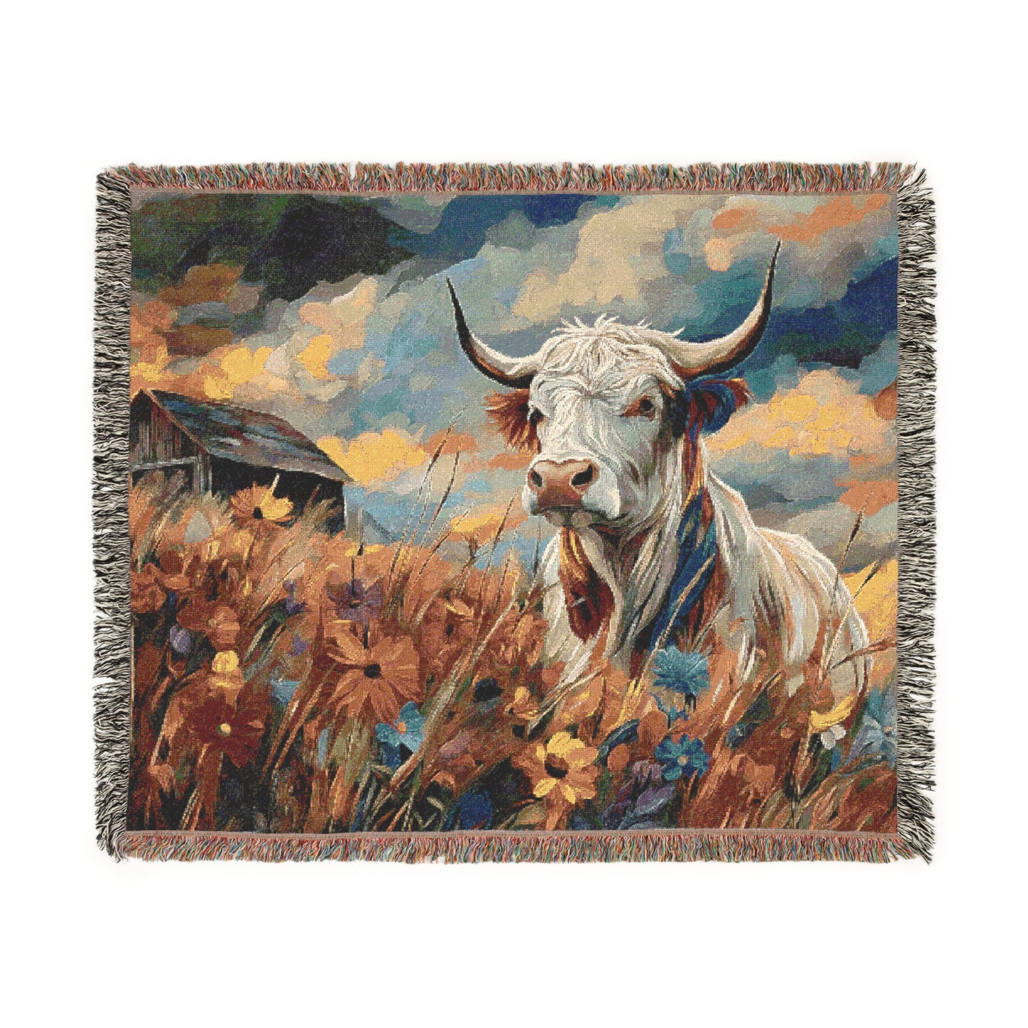 Woven Blanket - Colorful Cow and Rustic Barn Design