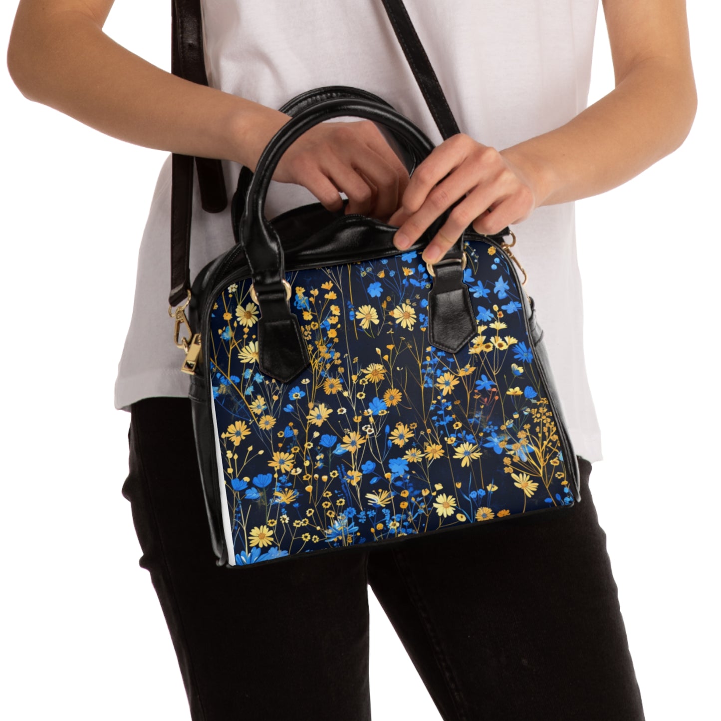 Blue and Gold Flowers Shoulder Handbag