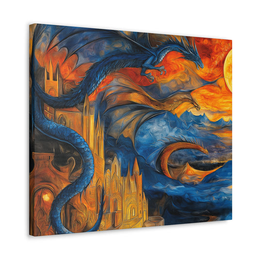 Canvas Gallery Wraps - Blue Dragons Attacking Castle Wall Art