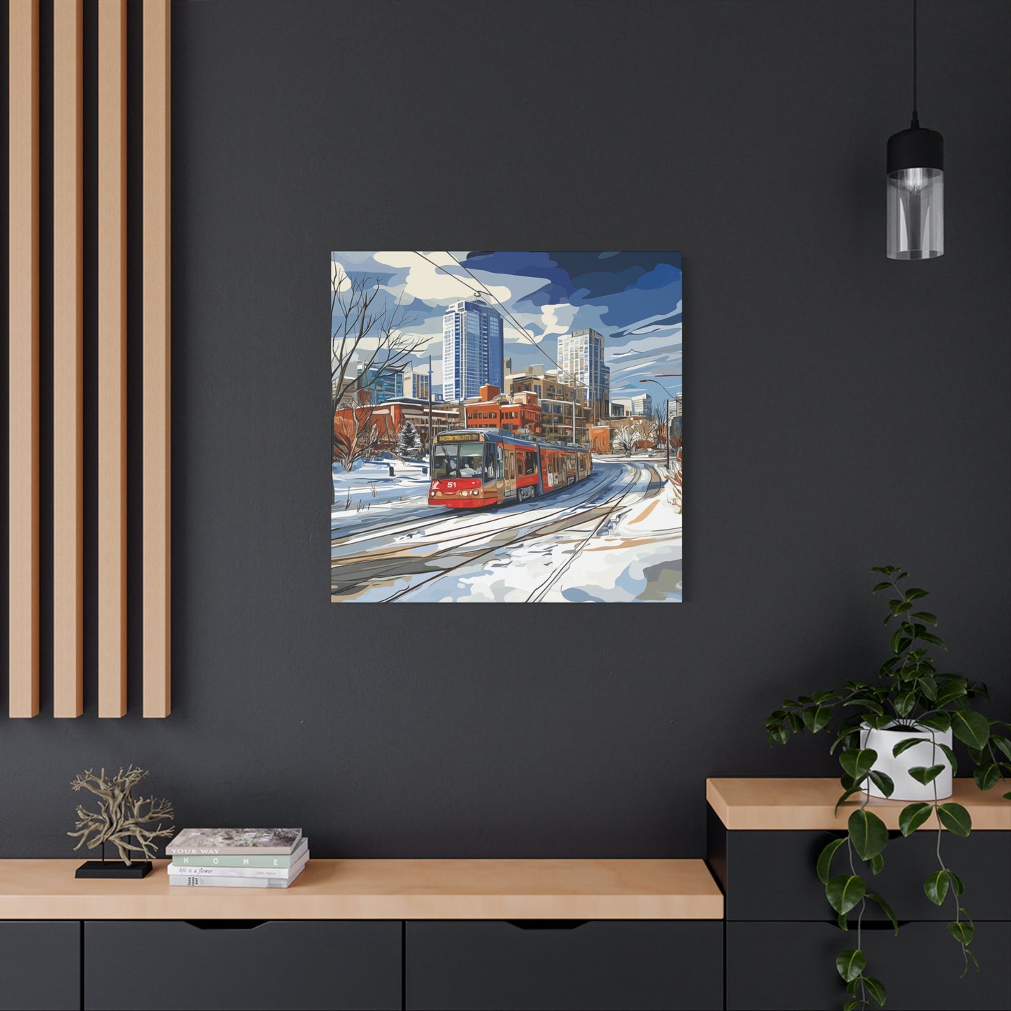 Winter Cityscape Tram Canvas Art - Urban Decor