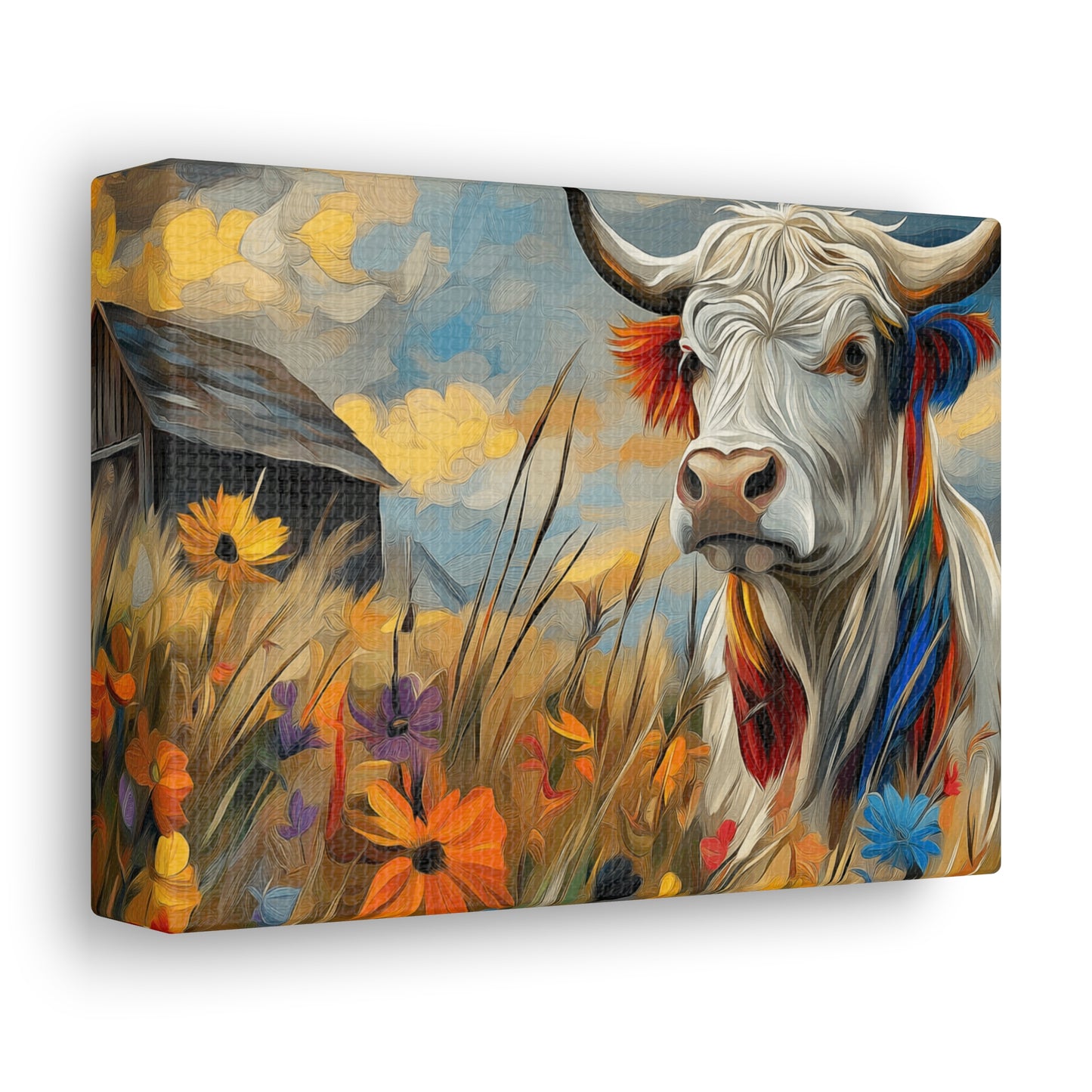 Canvas Wrap - Impressive cow in front of old barn