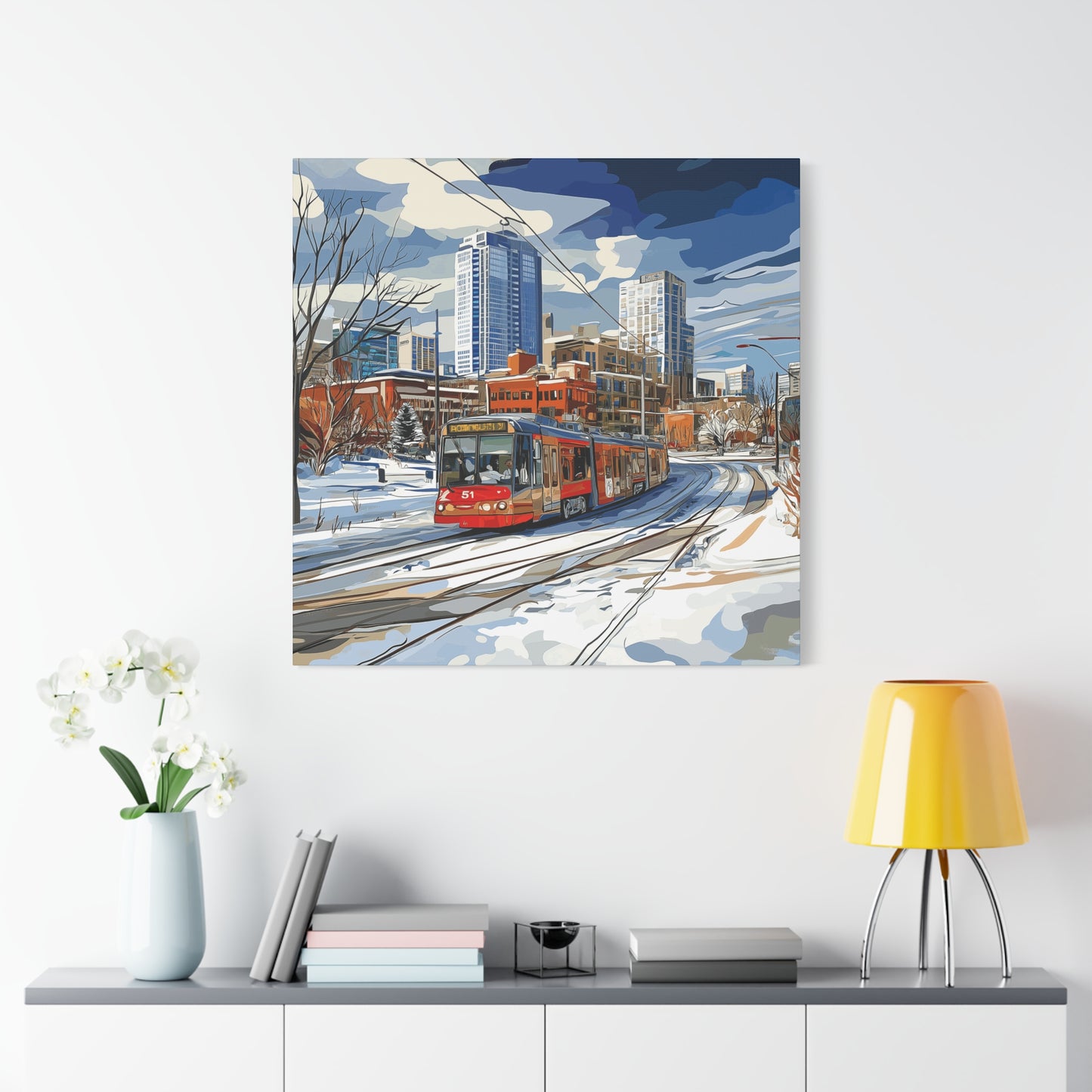 Winter Cityscape Tram Canvas Art - Urban Decor