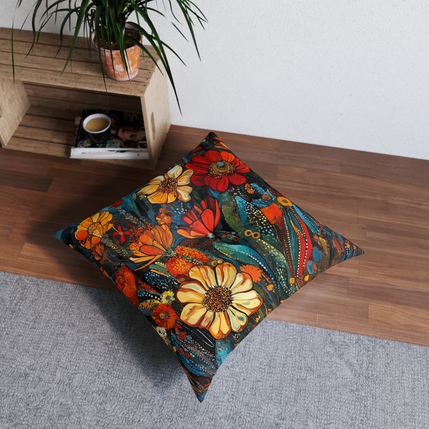 Square Floor Pillow - Bold, Colorful Cacti Flower Design