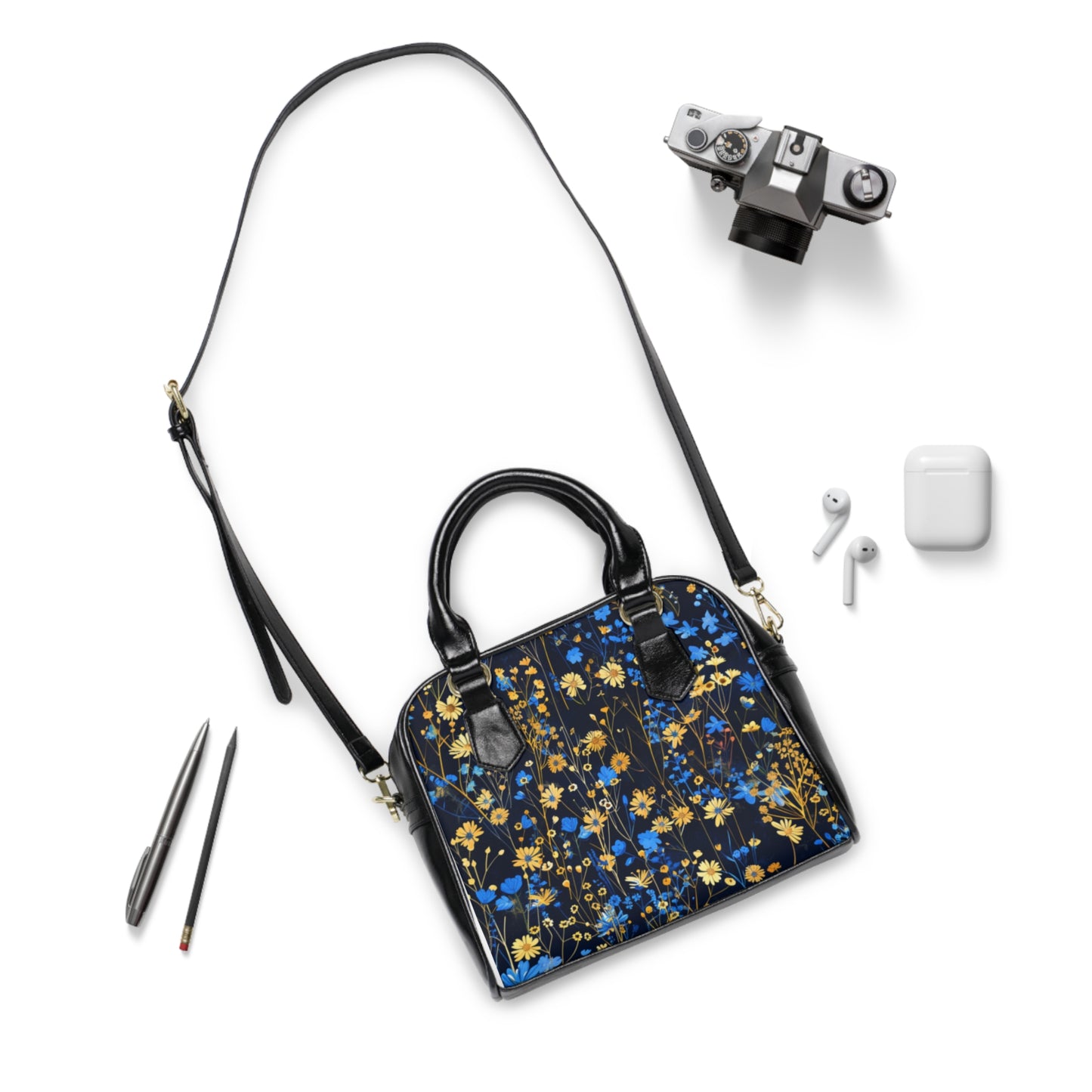 Blue and Gold Flowers Shoulder Handbag