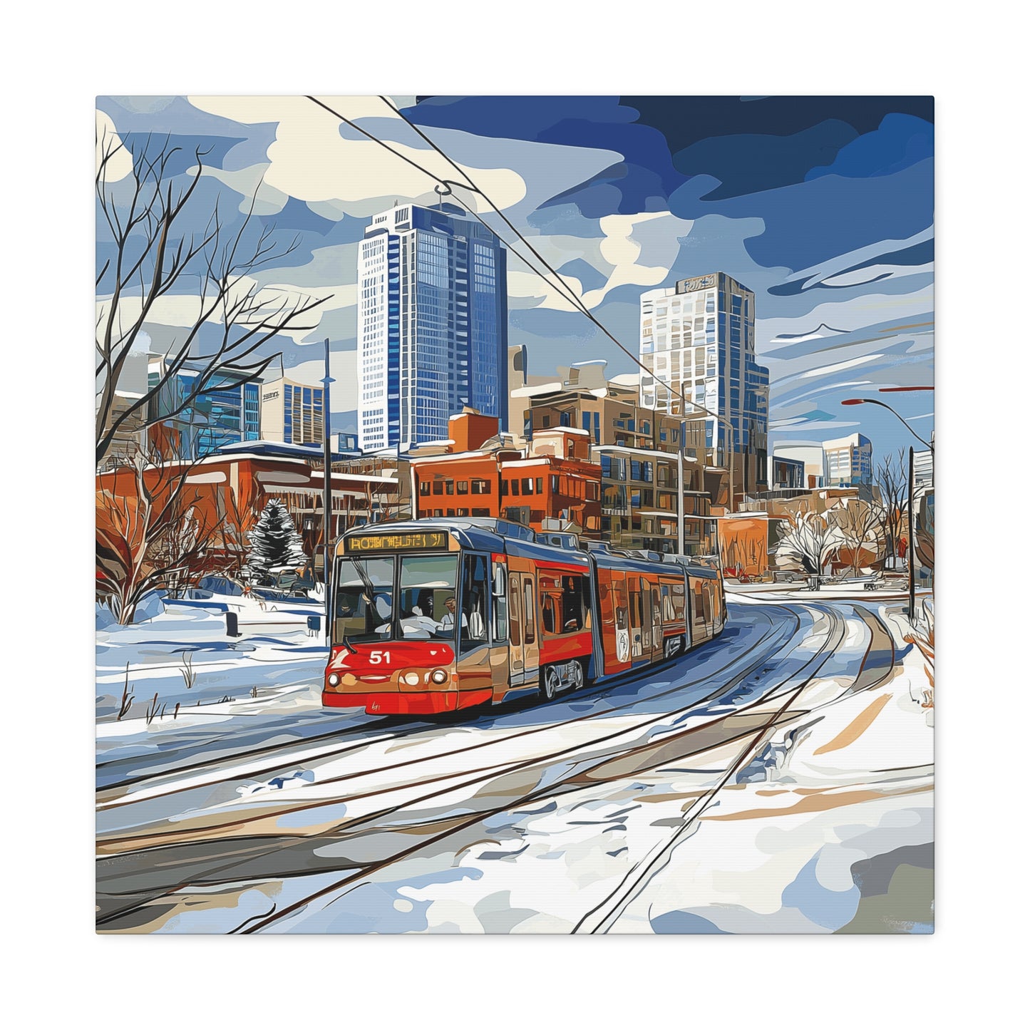 Winter Cityscape Tram Canvas Art - Urban Decor