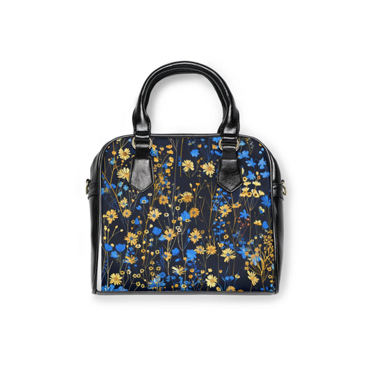 Blue and Gold Flowers Shoulder Handbag