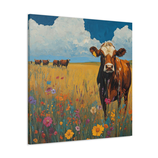 Canvas Art - Lone Cow in Wild Flower Field