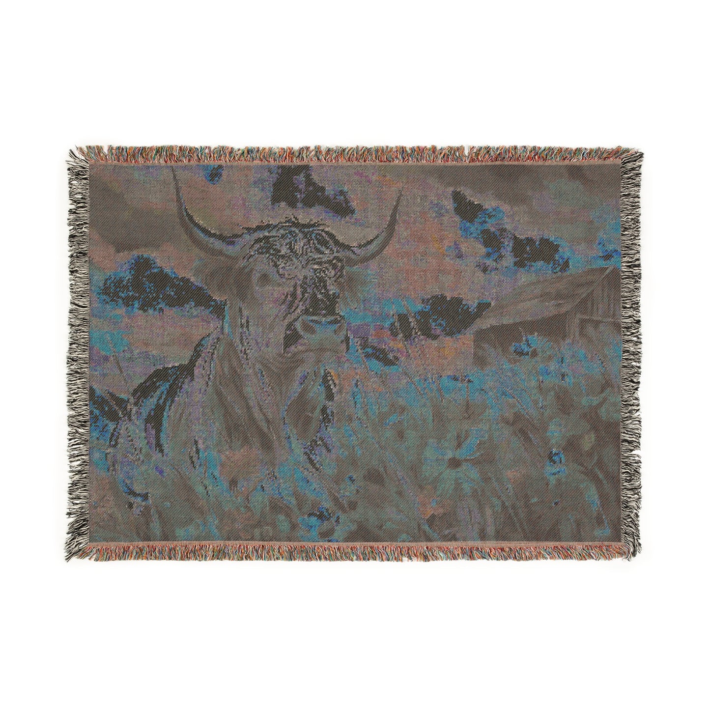 Woven Blanket - Colorful Cow and Rustic Barn Design