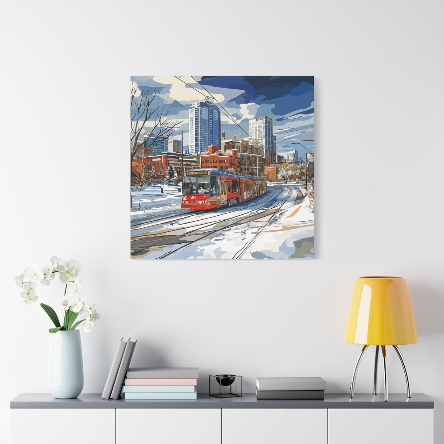 Winter Cityscape Tram Canvas Art - Urban Decor