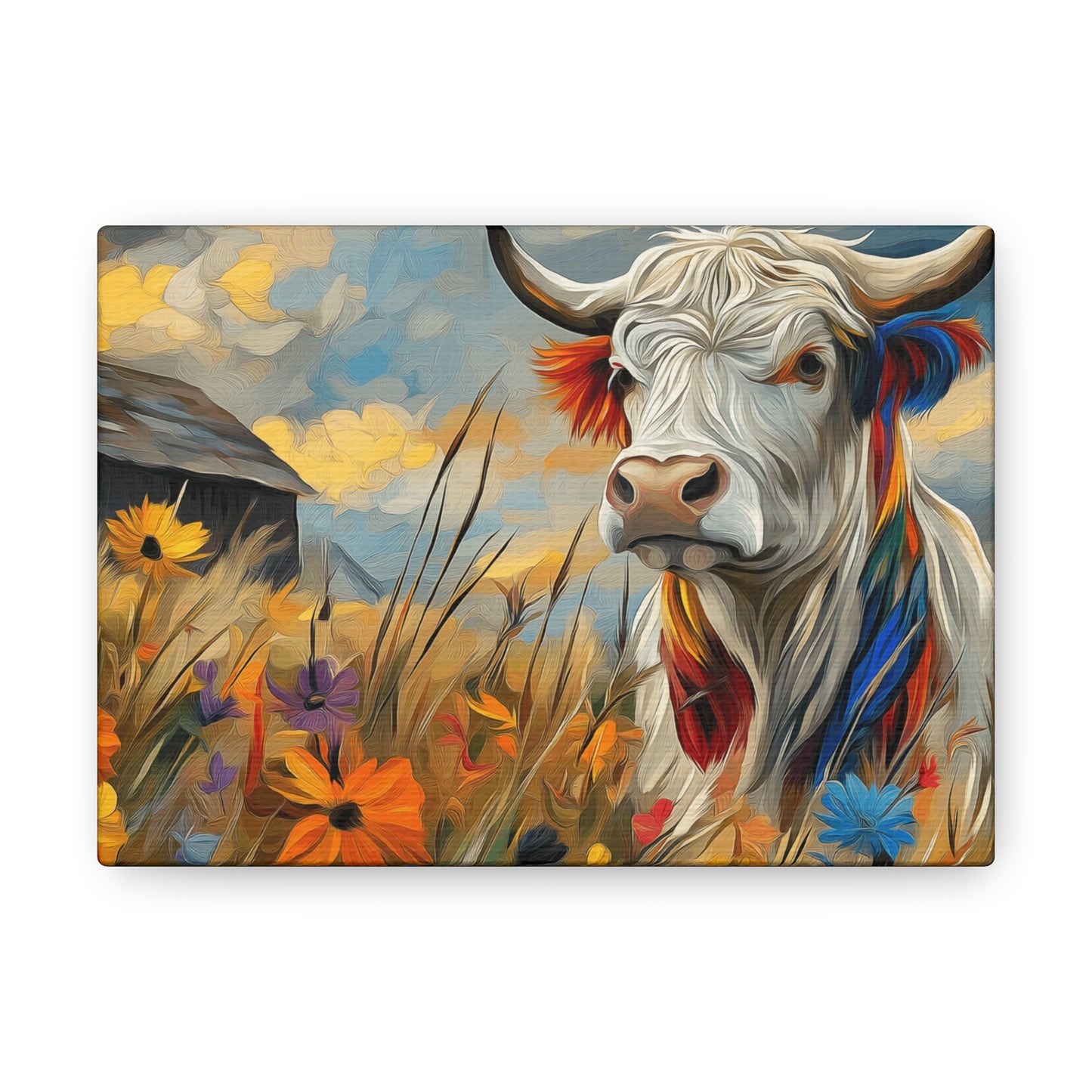 Canvas Wrap - Impressive cow in front of old barn