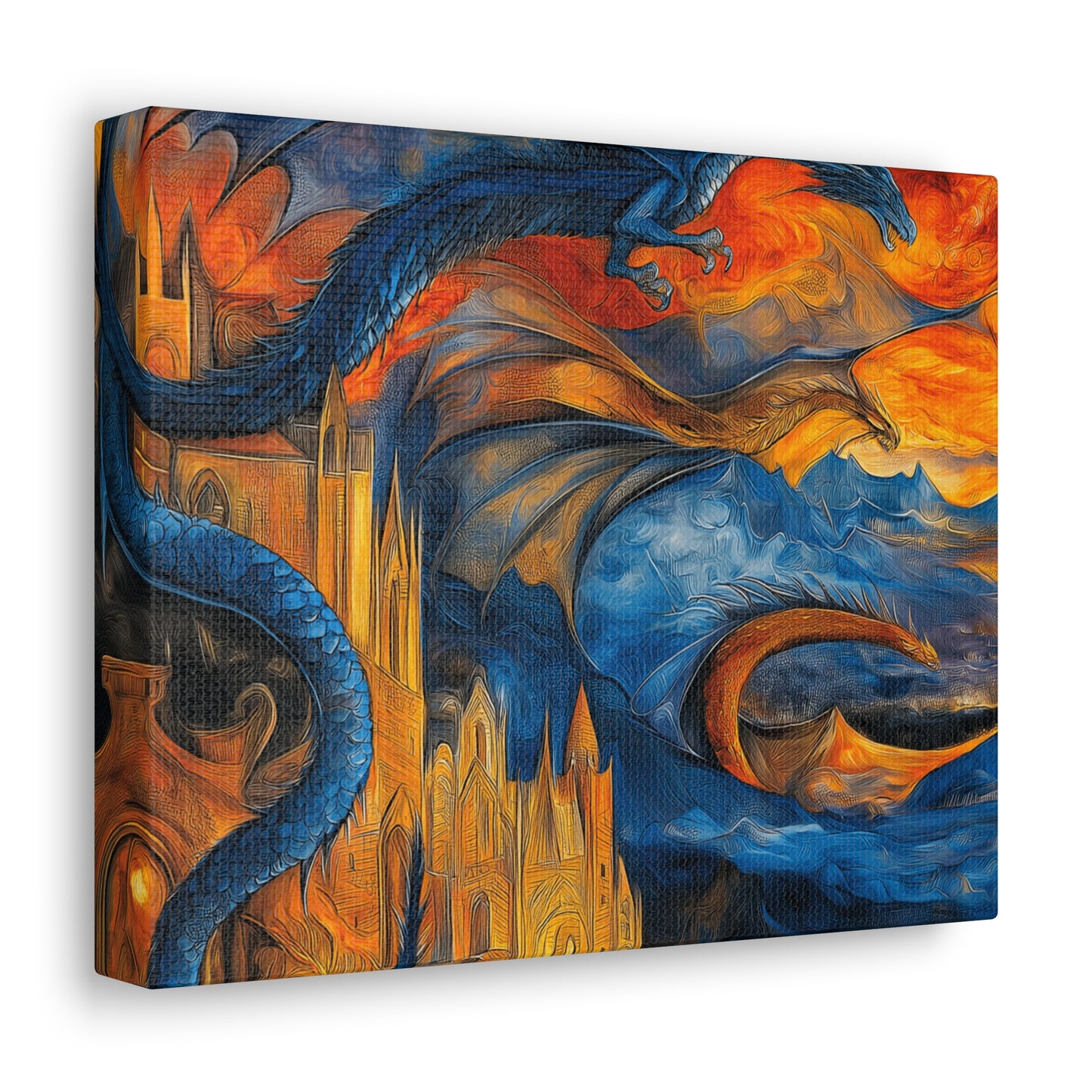 Canvas Gallery Wraps - Blue Dragons Attacking Castle Wall Art