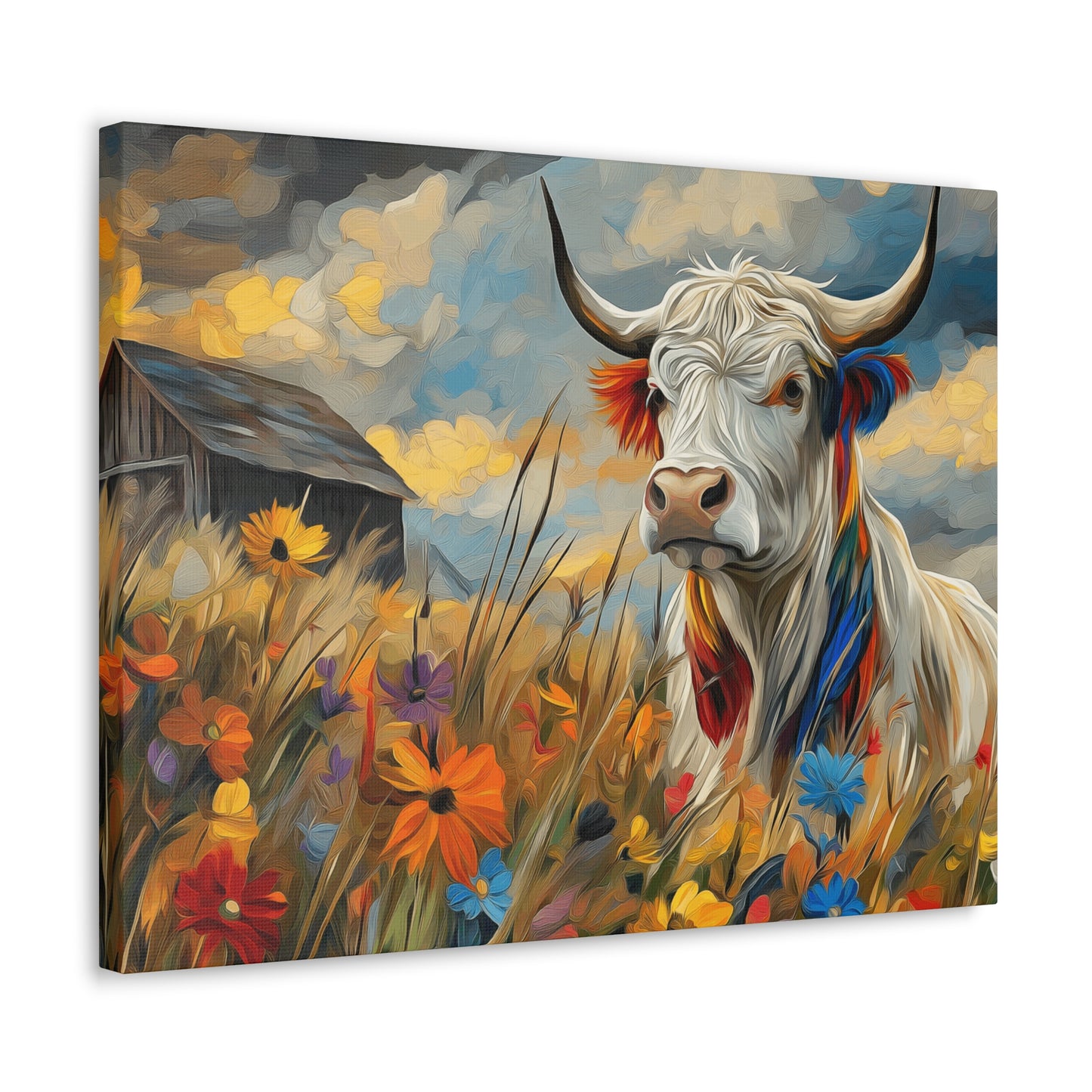 Canvas Wrap - Impressive cow in front of old barn