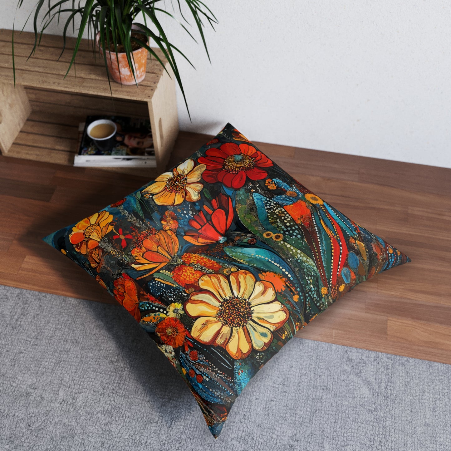 Square Floor Pillow - Bold, Colorful Cacti Flower Design