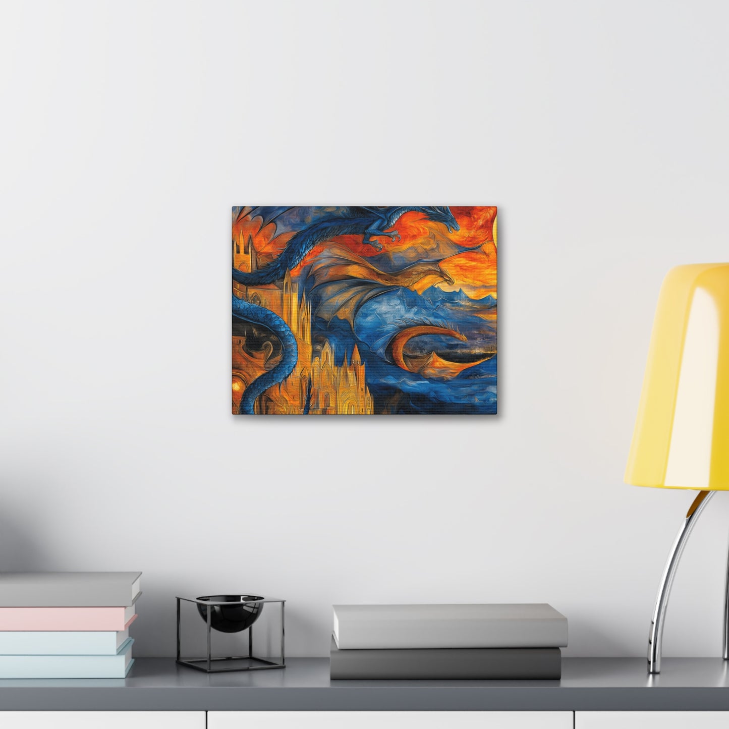 Canvas Gallery Wraps - Blue Dragons Attacking Castle Wall Art