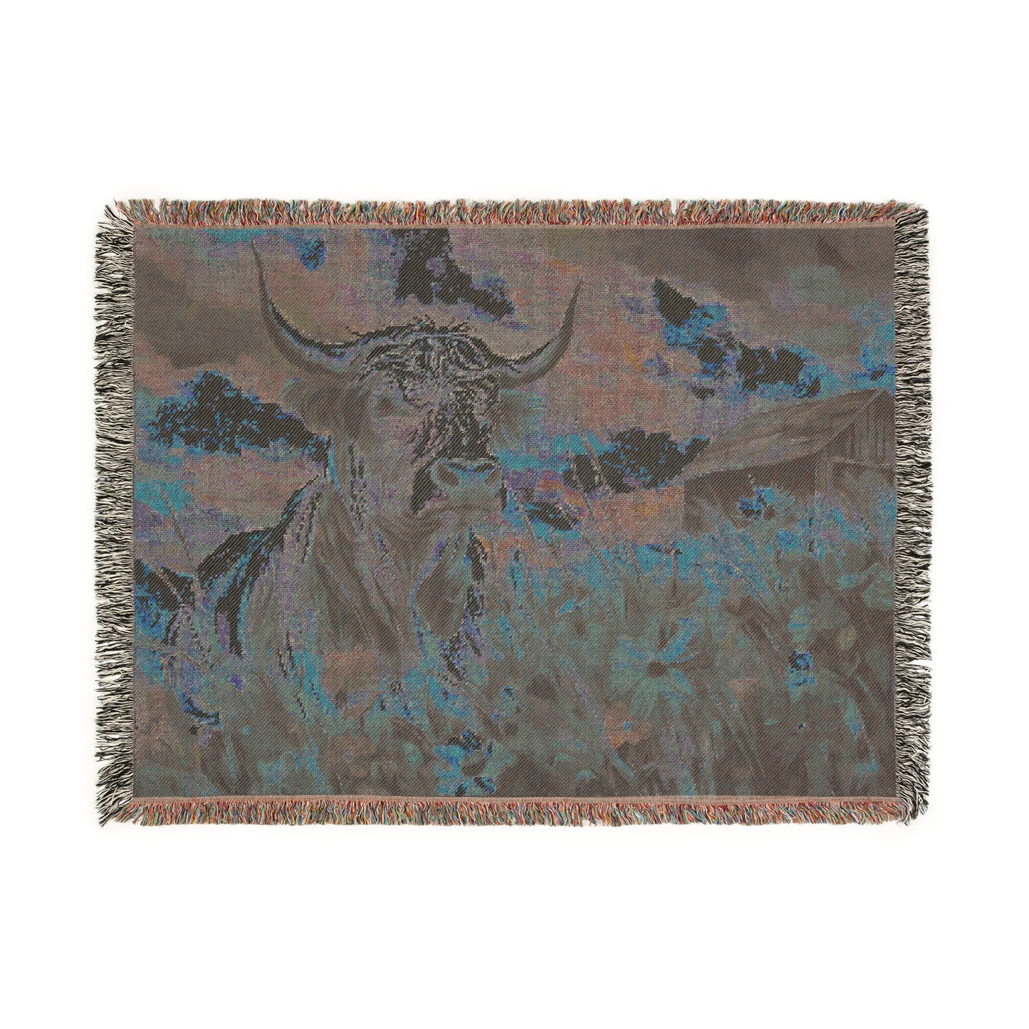 Woven Blanket - Colorful Cow and Rustic Barn Design