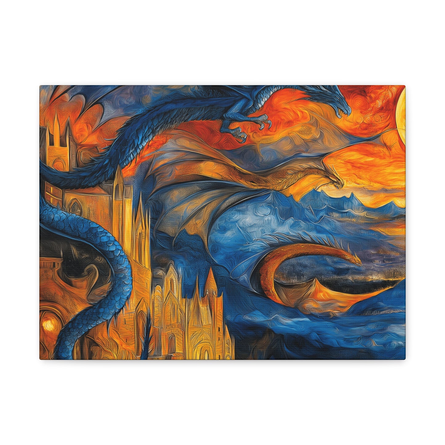 Canvas Gallery Wraps - Blue Dragons Attacking Castle Wall Art