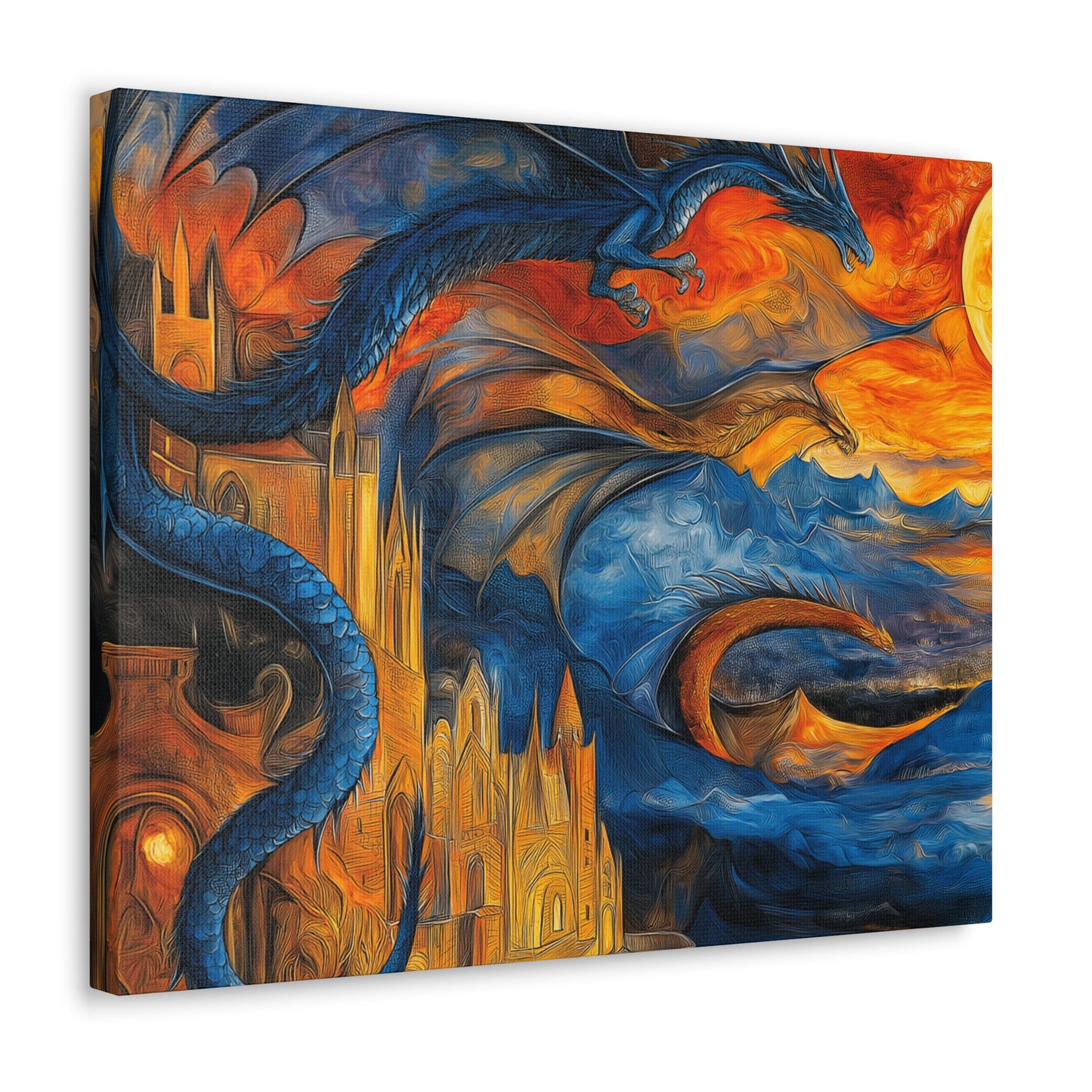 Canvas Gallery Wraps - Blue Dragons Attacking Castle Wall Art