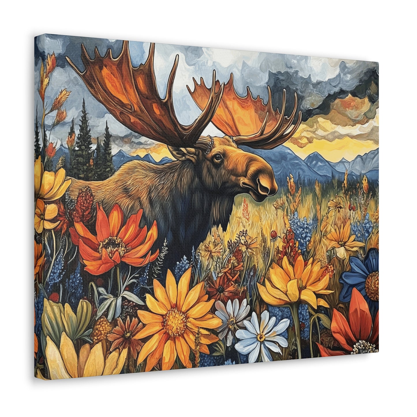 Canvas Gallery Wraps - Colorado Moose and Wildflowers in Rocky Mountains