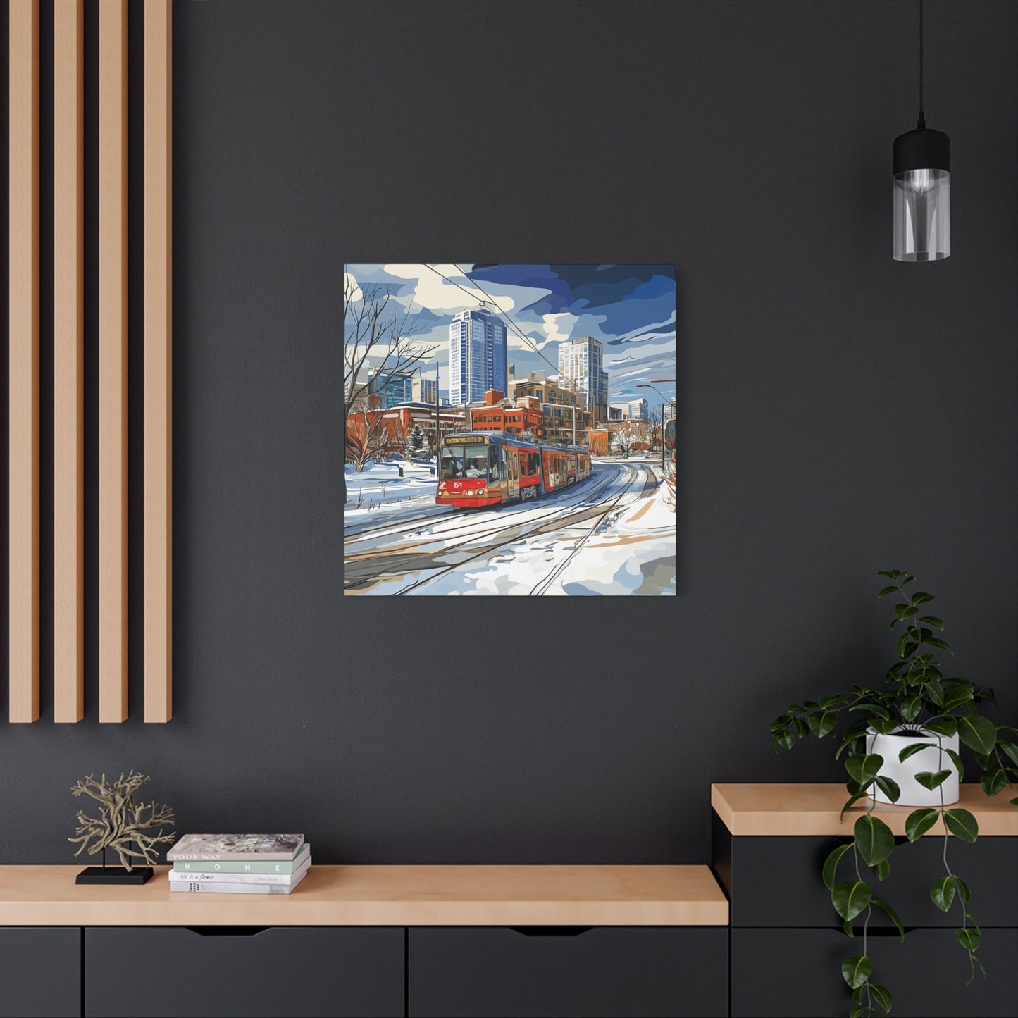 Winter Cityscape Tram Canvas Art - Urban Decor