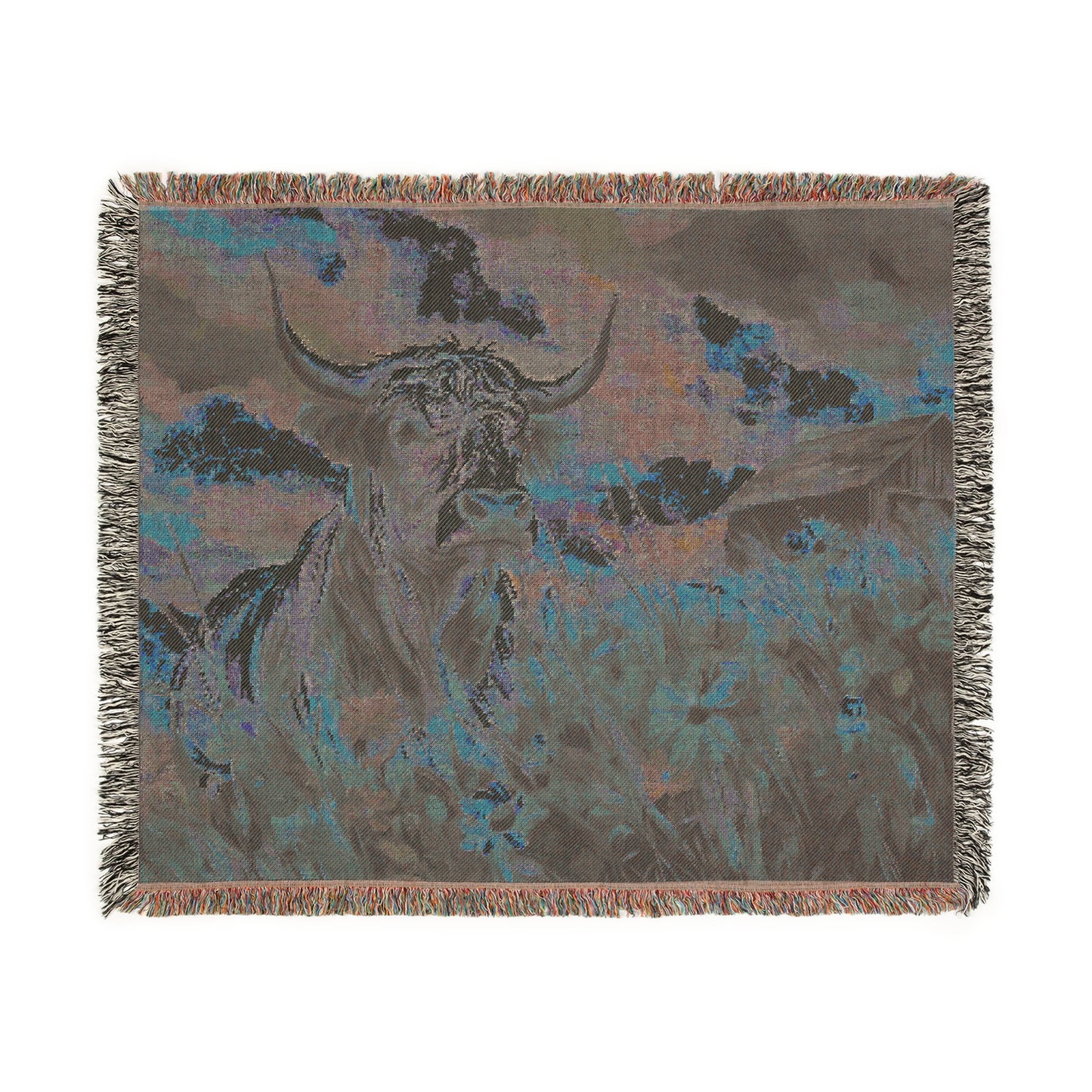 Woven Blanket - Colorful Cow and Rustic Barn Design